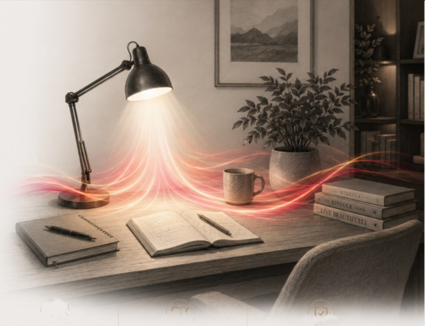 Lifestyle shot — lamp lit in a living room